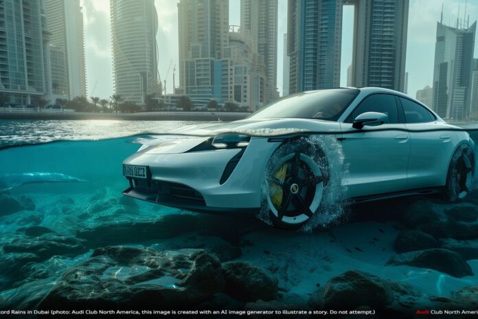 Banjir Dubai Tak Halangi Porsche Taycan Bertransformasi Bak Kapal Selam